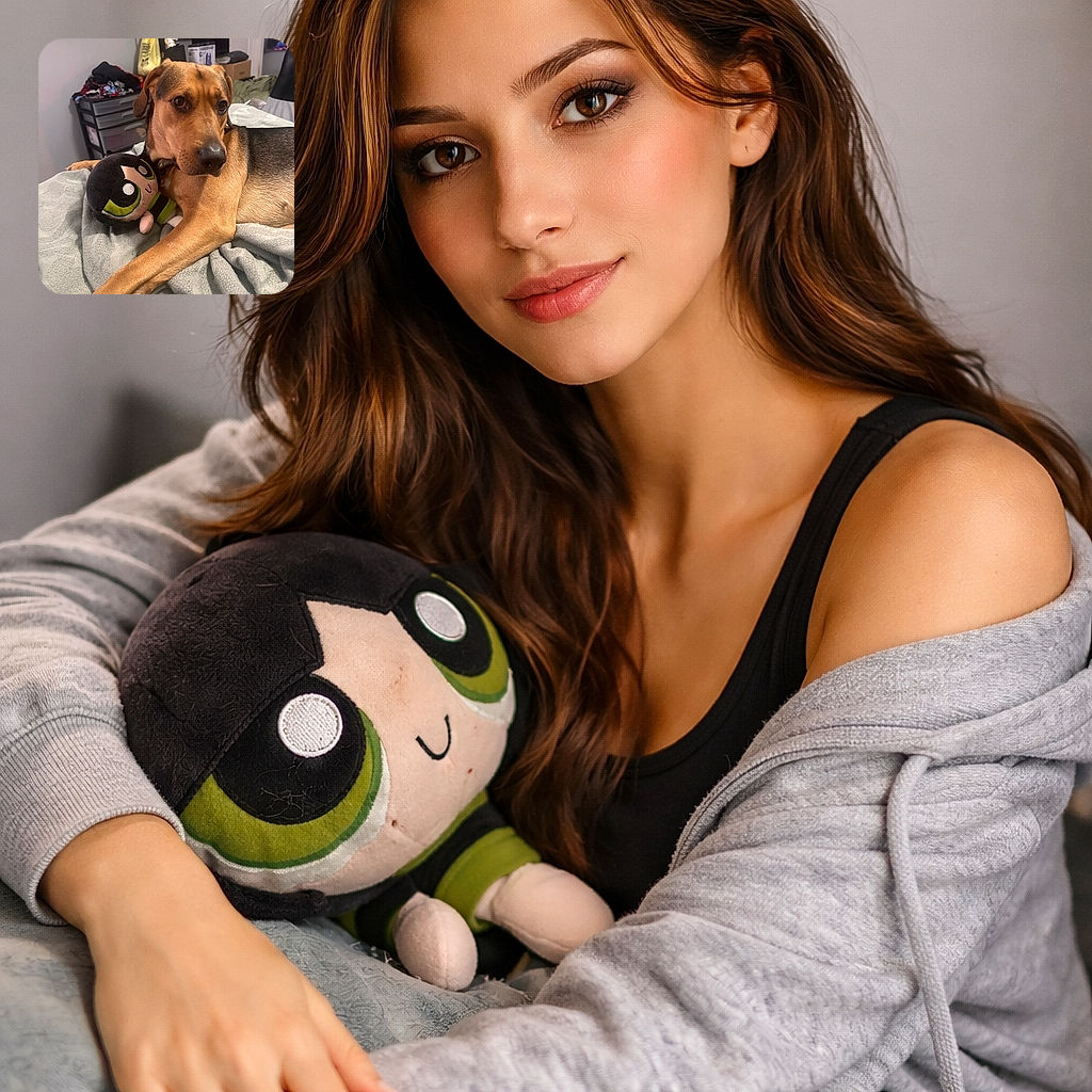 A charming dog lounges on a cozy blanket, hugging a plush toy with big green eyes, looking off-camera with a thoughtful expression, surrounded by a casual bedroom setting.