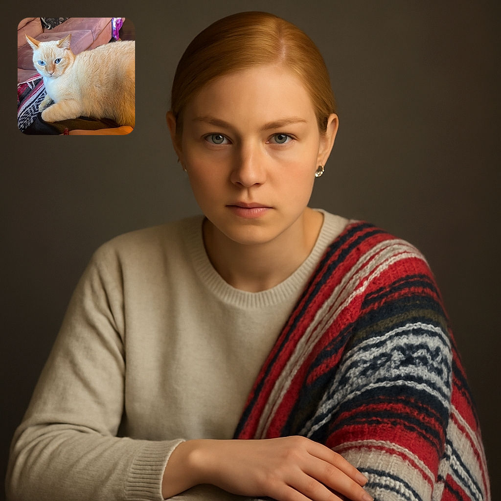 A plump cream-colored cat with striking blue eyes lounges comfortably on a cozy, patterned blanket draped over a couch. The cat's relaxed yet slightly curious expression adds charm to the warm indoor setting, with soft lighting highlighting its plush fur.