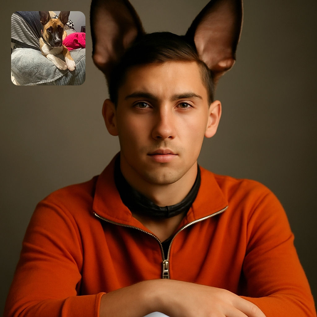 A curious dog with large ears and soulful eyes lounges comfortably on a cozy gray blanket draped over a couch, surrounded by soft pillows and a vibrant pink cloth, capturing a moment of calm and attentive companionship indoors.