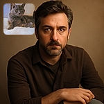 A fluffy gray cat lounges comfortably on a soft white surface with a textured beige wall in the background, giving off a calm and curious vibe with its wide eyes and relaxed pose.
