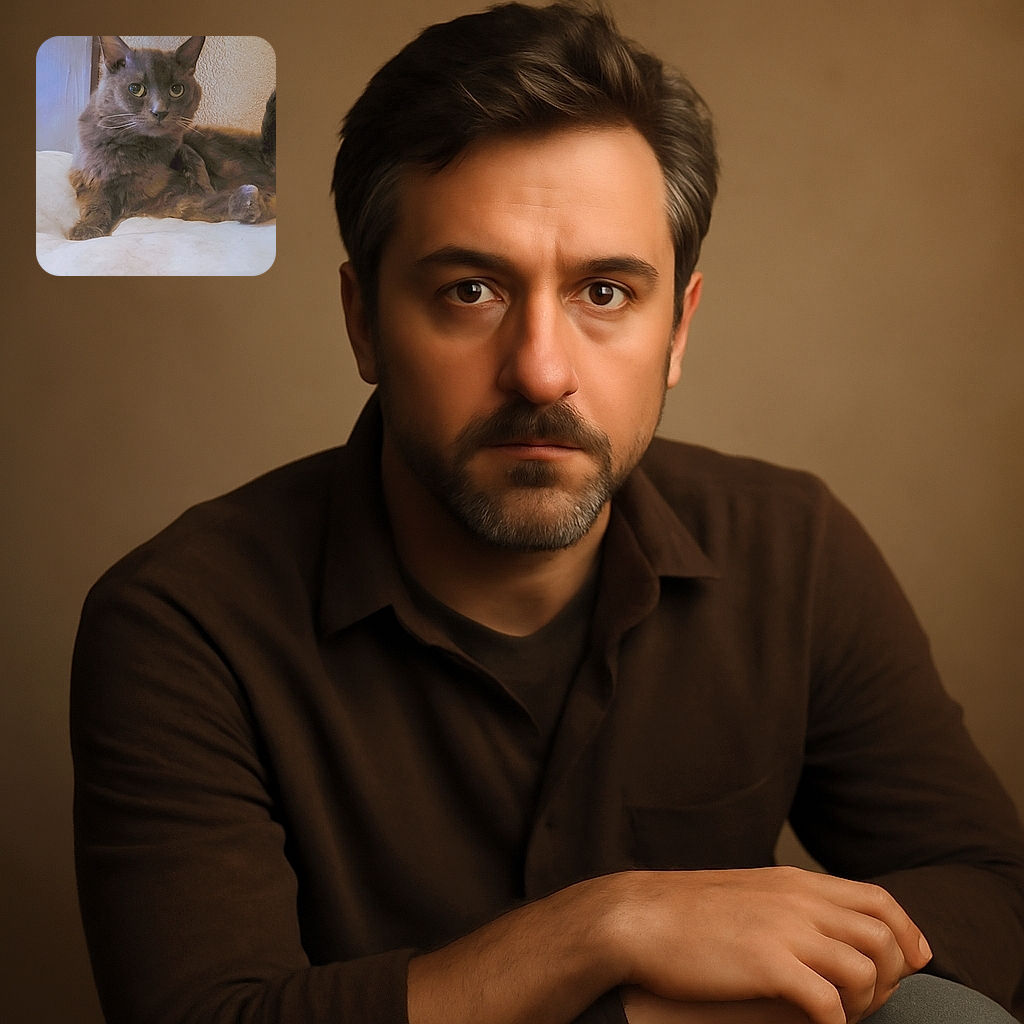 A fluffy gray cat lounges comfortably on a soft white surface with a textured beige wall in the background, giving off a calm and curious vibe with its wide eyes and relaxed pose.