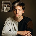A fluffy cat with big curious eyes lounges on a cozy gray couch, looking directly at the camera with an innocent expression. The background shows more of the couch and some indistinct objects, creating a warm homey atmosphere.