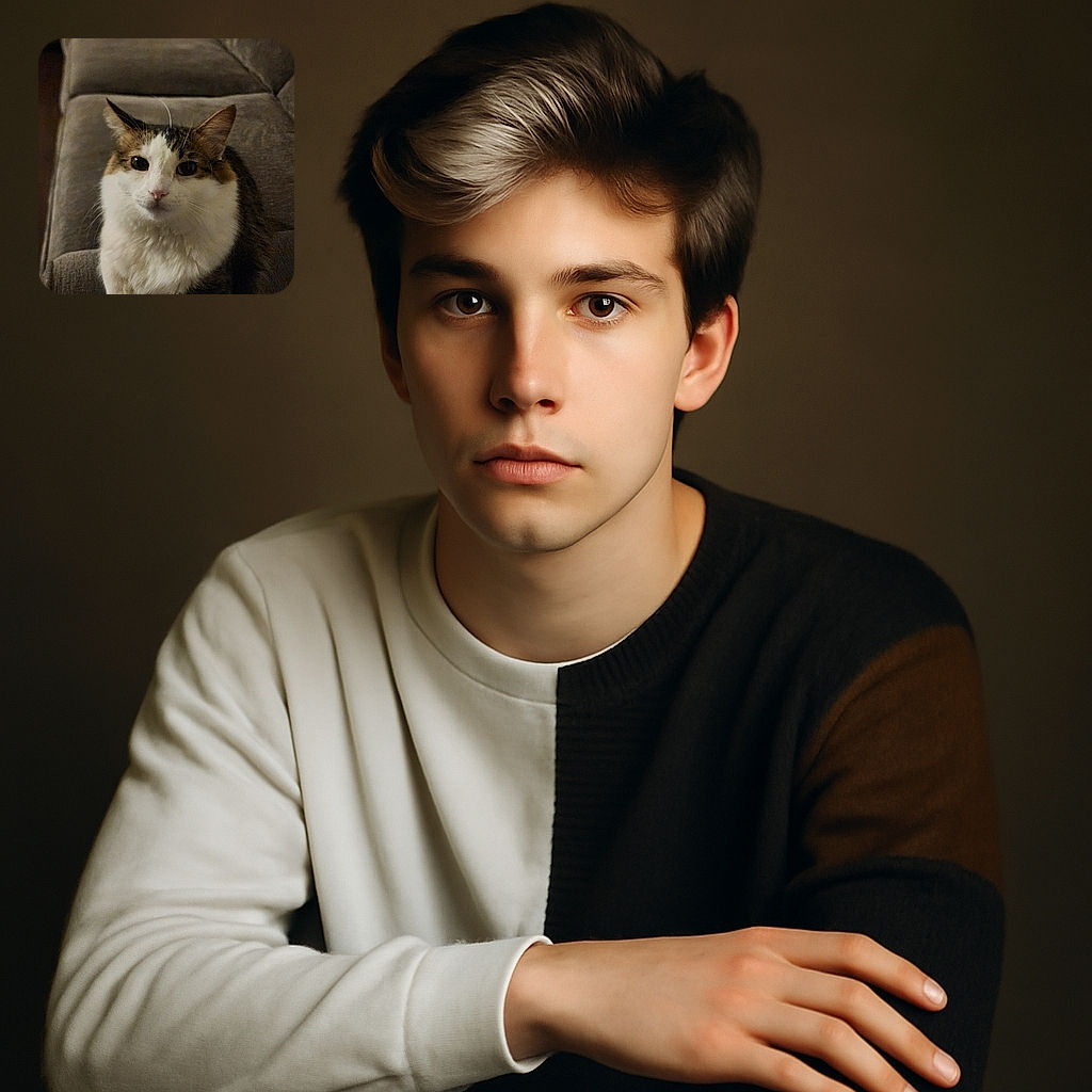 A fluffy cat with big curious eyes lounges on a cozy gray couch, looking directly at the camera with an innocent expression. The background shows more of the couch and some indistinct objects, creating a warm homey atmosphere.