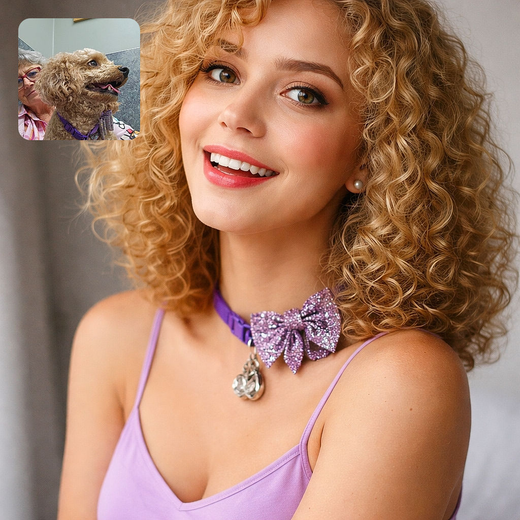 A cheerful curly-haired dog sporting a sparkly bow tie and purple collar is front and center, tongue out in a happy pant. Behind the dog, a smiling elderly woman with glasses peeks from the side, creating a warm and cozy vibe in a softly lit room with a bulletin board in the background.