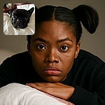 A close-up of an adorable black French Bulldog resting its head on a fluffy white pillow, with big soulful eyes looking straight at the camera, capturing a cozy and calm moment indoors with soft natural light.