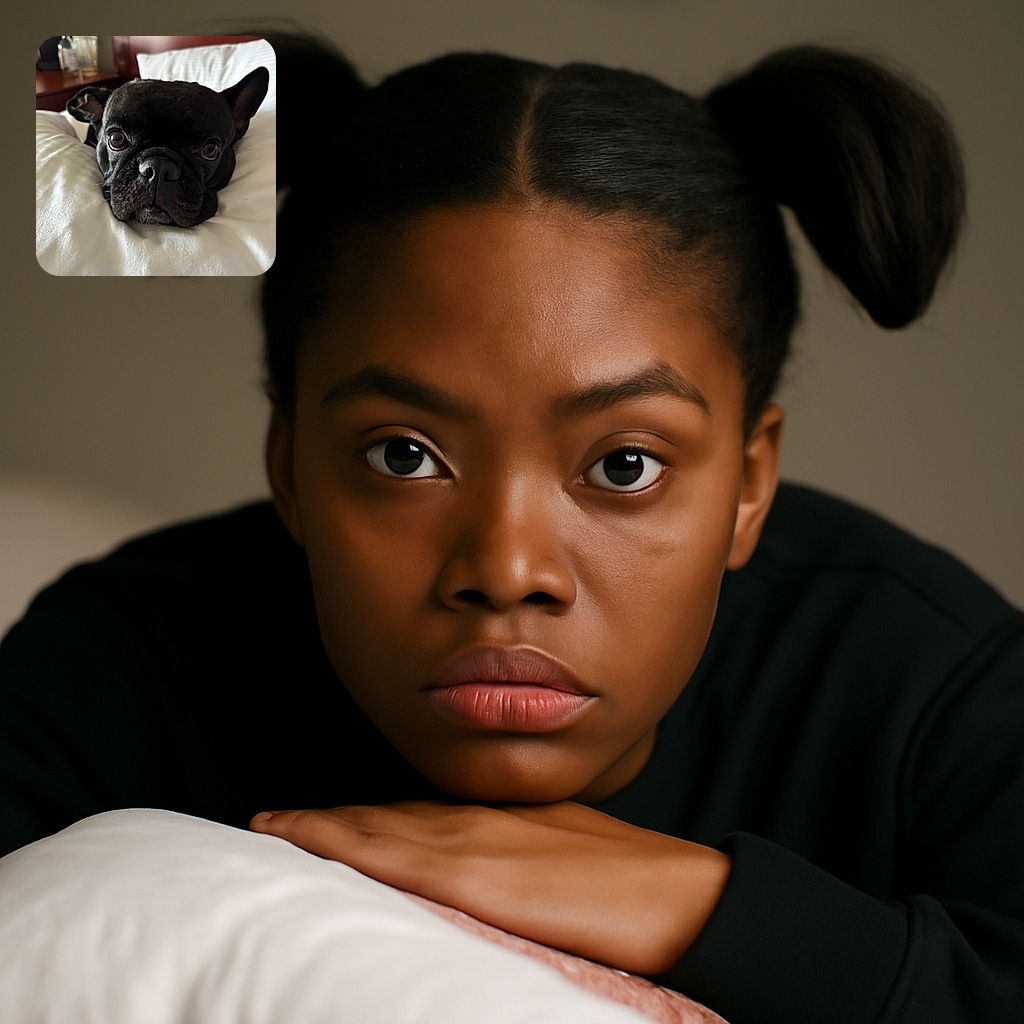 A close-up of an adorable black French Bulldog resting its head on a fluffy white pillow, with big soulful eyes looking straight at the camera, capturing a cozy and calm moment indoors with soft natural light.
