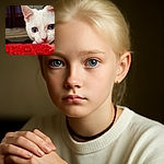 A close-up shot of a curious white kitten with striking blue eyes peeking over a red fuzzy surface, the background softly blurred to keep all attention on the adorable feline's intense gaze.