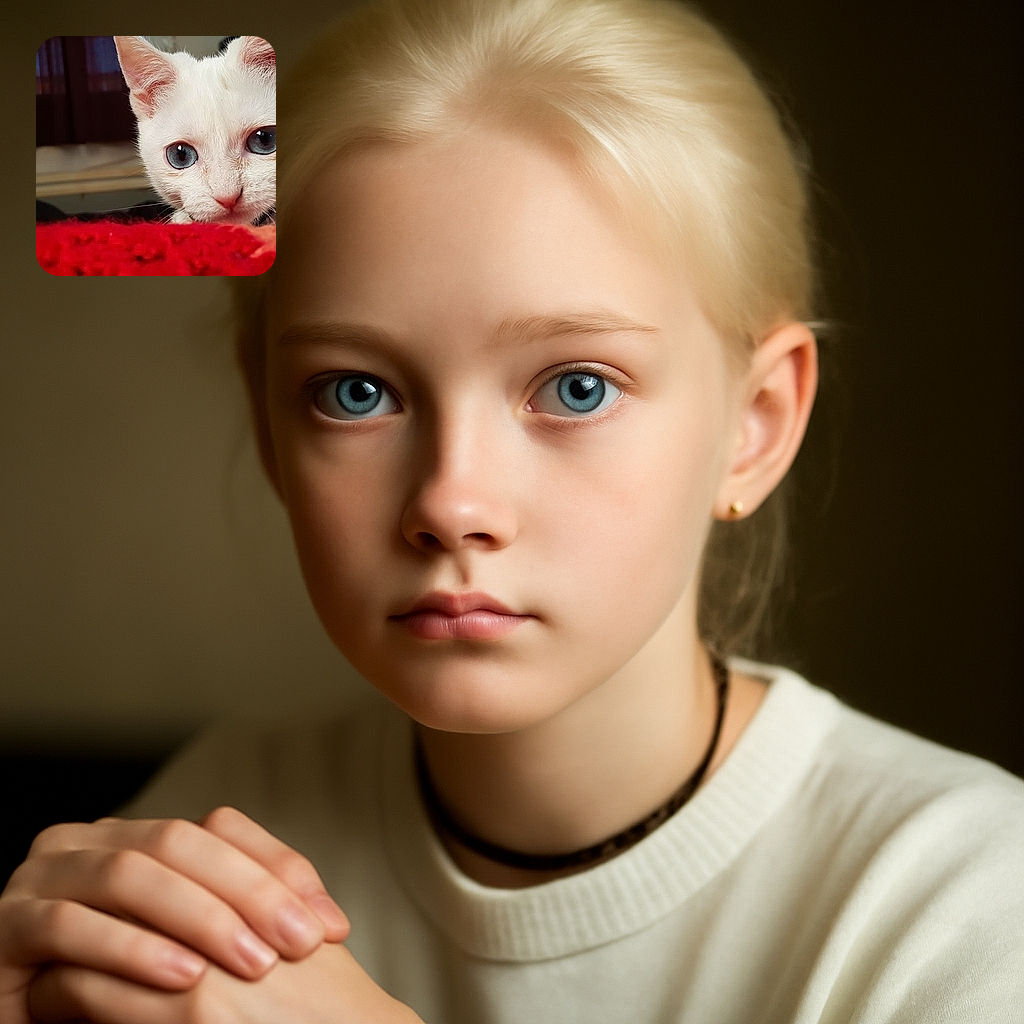 A close-up shot of a curious white kitten with striking blue eyes peeking over a red fuzzy surface, the background softly blurred to keep all attention on the adorable feline's intense gaze.