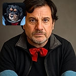 A close-up portrait of a soulful dog with shiny eyes and a red bow tie, framed by blue jeans on either side, creating a cozy and intimate vibe inside a car.