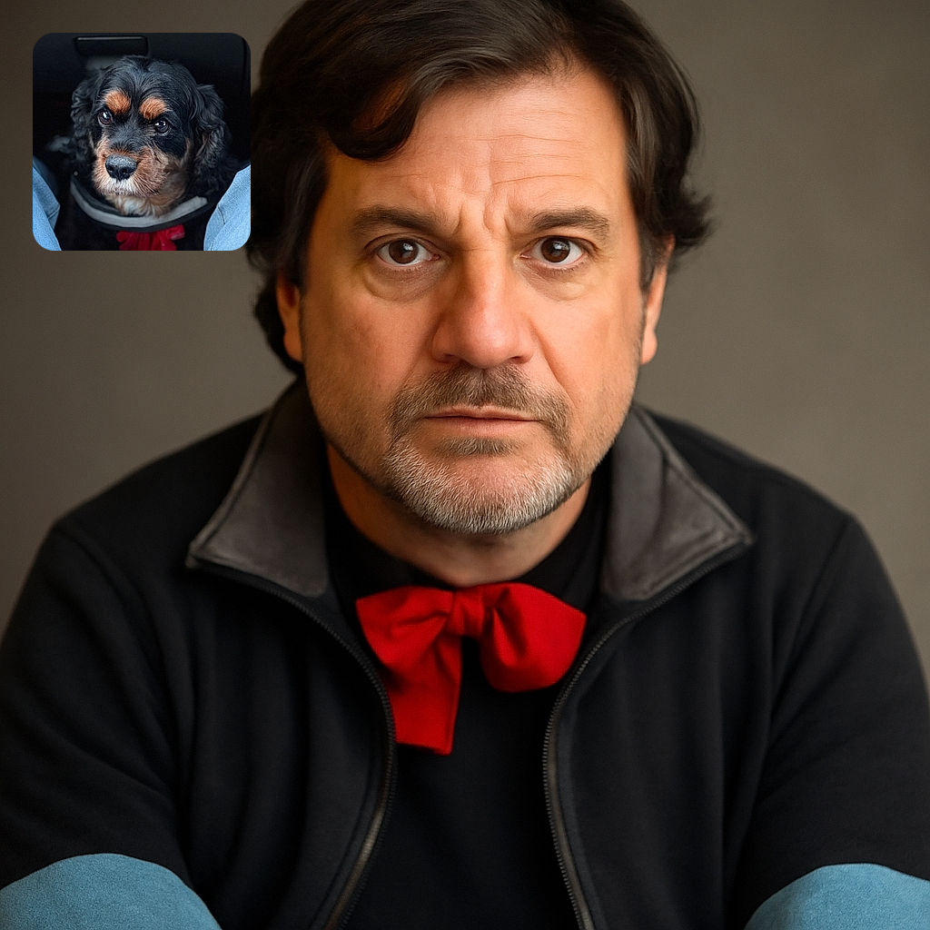 A close-up portrait of a soulful dog with shiny eyes and a red bow tie, framed by blue jeans on either side, creating a cozy and intimate vibe inside a car.