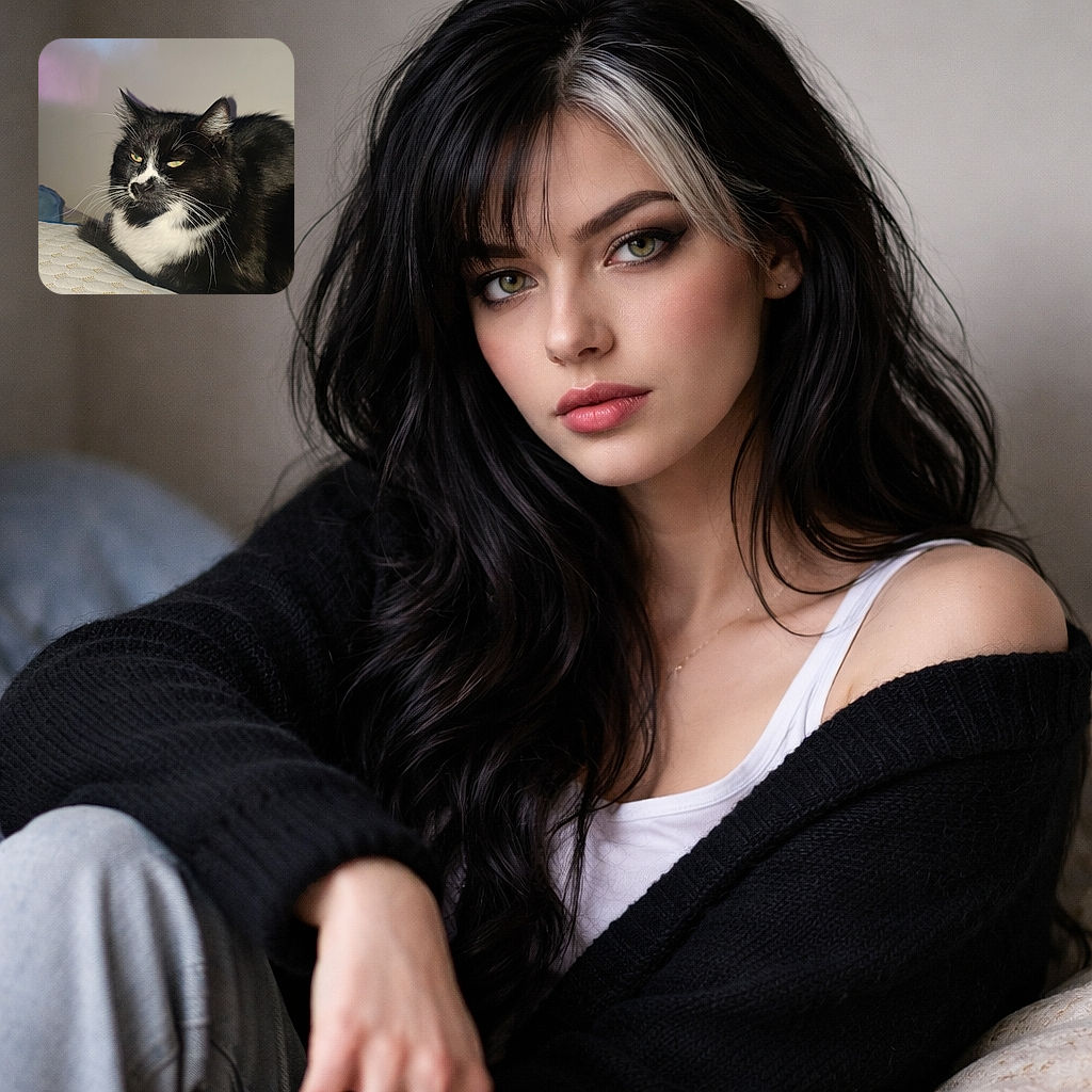 A dignified (and slightly unimpressed) tuxedo cat loafing on a mattress like it owns the place — whiskers on full display, one ear perfectly cocked, and flash-lit fur that makes it look ready for a glamour shot or world domination.