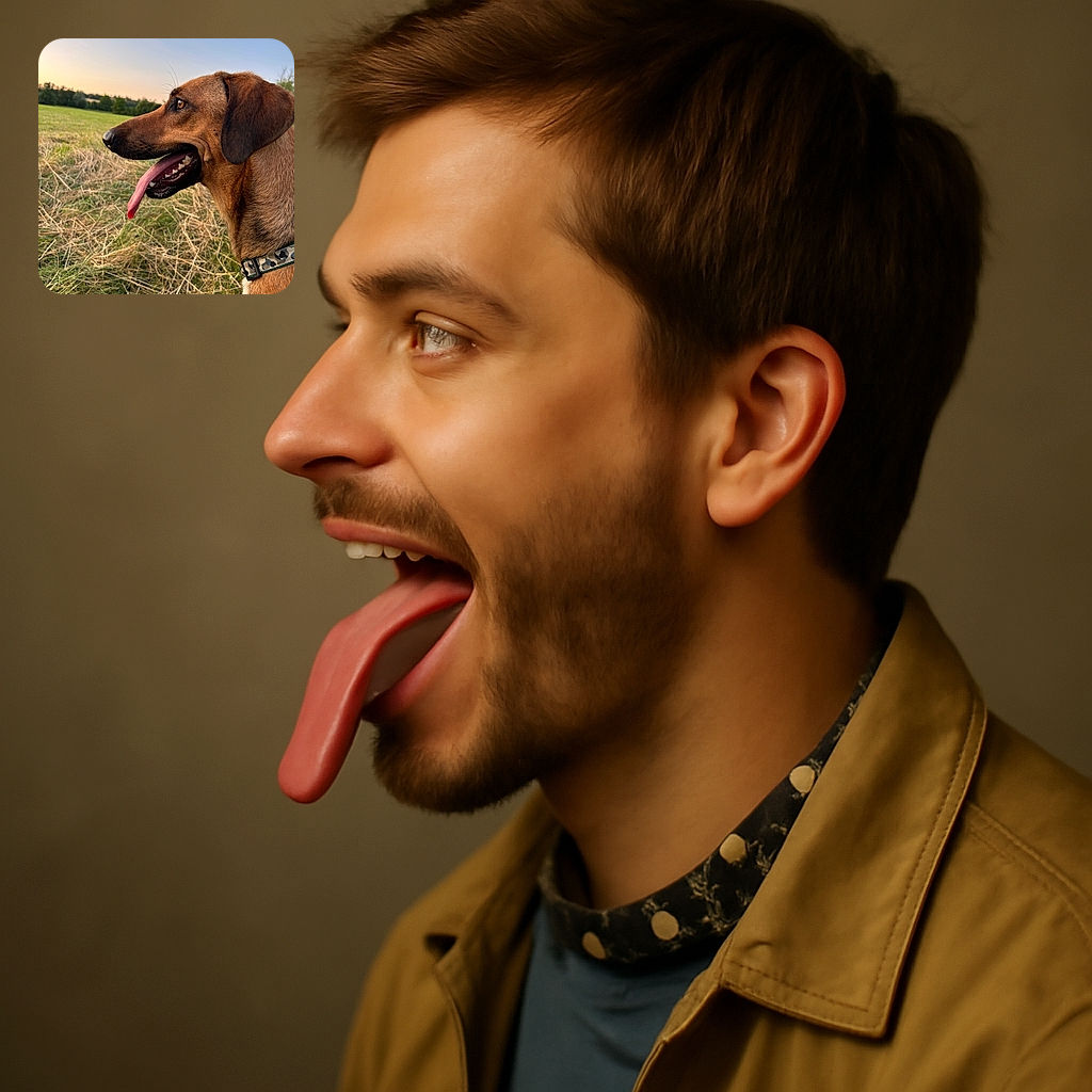 A happy dog with a long tongue hanging out enjoys a peaceful moment in a grassy field during sunset, wearing a patterned collar that adds a touch of style to this serene outdoor portrait.