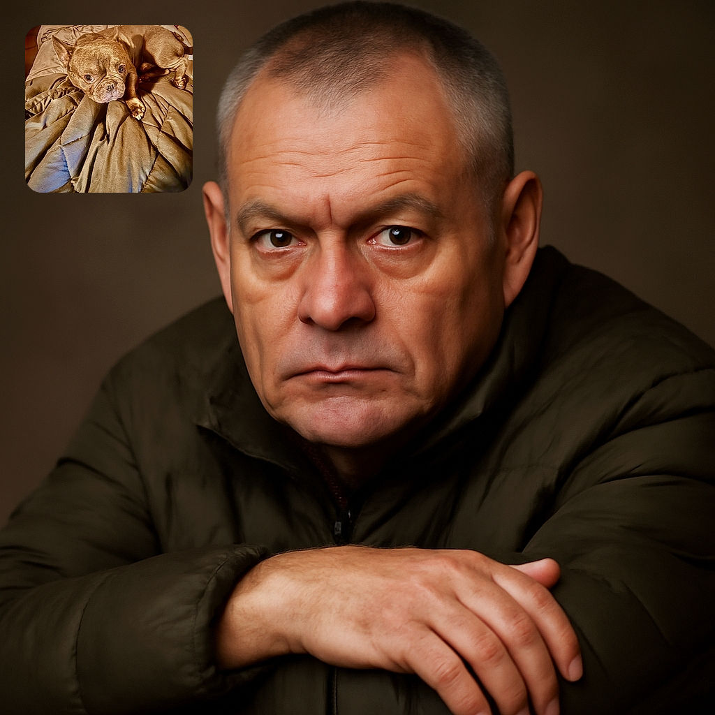 A charming brown French Bulldog lounges comfortably on a rumpled dark blanket, looking up with big, soulful eyes that seem to say, 'Are you going to pet me or what?' The cozy setting and warm lighting add a homely, relaxed vibe to the photo.