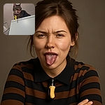A mischievous tabby cat perched atop a white appliance, caught mid-lick with its tongue out and a yellow tag dangling from its collar. The angle from below adds a dramatic flair as if the cat is the ruler of the kitchen kingdom.