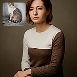 A dignified cat sits upright on a textured surface, its fur a mix of soft gray and white hues, with an expression that says it's plotting world domination or maybe just waiting for dinner.
