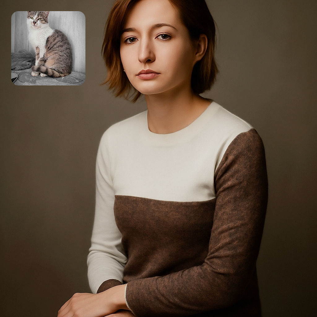 A dignified cat sits upright on a textured surface, its fur a mix of soft gray and white hues, with an expression that says it's plotting world domination or maybe just waiting for dinner.