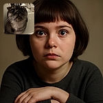 A close-up shot of a wide-eyed, curious cat with folded ears, looking up with an expression that screams 'Did you just say treat?'. The background is softly blurred, focusing all attention on the cat's adorable, slightly squished face and long whiskers.