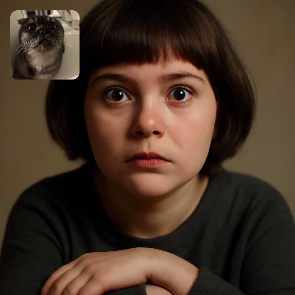 A close-up shot of a wide-eyed, curious cat with folded ears, looking up with an expression that screams 'Did you just say treat?'. The background is softly blurred, focusing all attention on the cat's adorable, slightly squished face and long whiskers.