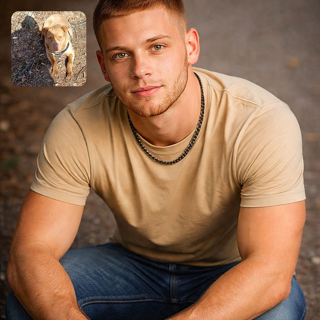 A sturdy brown dog with soulful eyes lies on a patch of dirt and leaves, chained near a fence post. The sunlight casts a shadow across part of its face, giving it a slightly mysterious look as it gazes up at the camera.