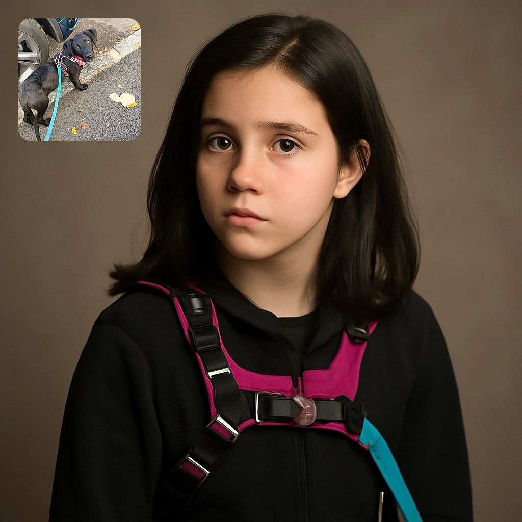 A curious black dog wearing a harness and pink collar looks up with big, soulful eyes while standing on a leaf-strewn pavement next to a parked car. The blue leash adds a pop of color to the autumn scene.