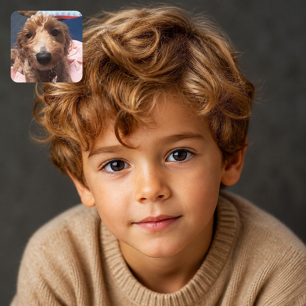 A delightfully fluffy brown puppy fills the frame with an enormous curious nose, soulful eyes, and a tiny heart-shaped tag, looking like it has just leaned in to personally inspect the camera. Cozy blankets and a plush toy make the background feel like a professional nap headquarters.