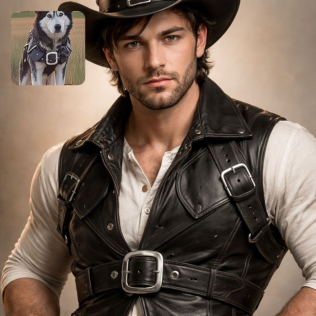 A stoic husky-typed dog dressed as a prairie sheriff: wearing a big cowboy hat and leather harness with a shiny buckle, standing in a grassy field as the sun sets behind it. The scene looks like a pet-themed spaghetti western poster — the pup stares straight at the camera with serious, slightly confused authority while a circular 'Country Dog' sticker and a small CapCut watermark decorate the frame.