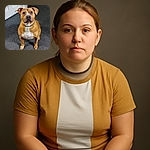 A charming tan and white dog with soulful eyes sits obediently on a carpeted floor, looking directly at the camera with a mix of curiosity and patience. The indoor setting includes a white door and a hallway in the background, highlighting the dog's expressive face and sturdy posture.