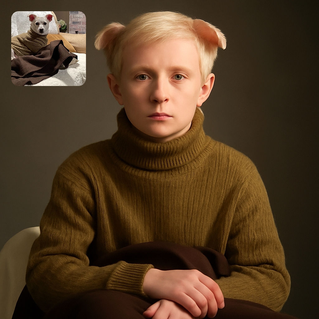 A charming small dog wearing a cozy brown sweater lounges comfortably on a cushioned chair draped with a dark brown blanket, set against a warm, homely background featuring a brick fireplace and floral decor.