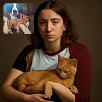A cozy moment captured between a large, soulful dog and a relaxed orange tabby cat lounging together on a cushy chair, bathed in soft, natural light with a slight hazy effect adding warmth to the scene.