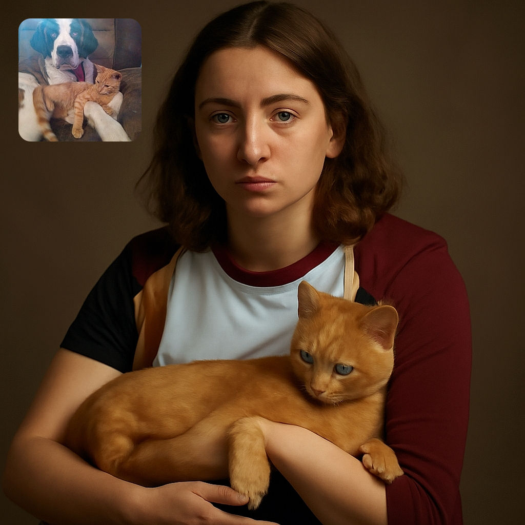 A cozy moment captured between a large, soulful dog and a relaxed orange tabby cat lounging together on a cushy chair, bathed in soft, natural light with a slight hazy effect adding warmth to the scene.