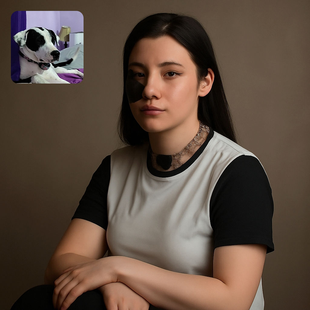 A relaxed black and white dog lounges on a cozy bed with purple and beige blankets, gazing thoughtfully to the side as if pondering the meaning of life or the next treat.