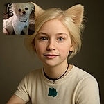 A fluffy white dog with big ears stares curiously at the camera in a cozy living room. Behind the dog, a TV screen shows a blurred image of a person, and the room has a warm, lived-in feel with curtains and furniture. The timestamp at the bottom adds a vintage snapshot vibe.