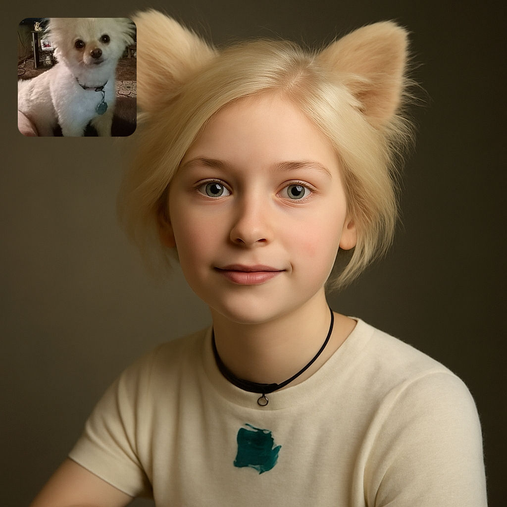 A fluffy white dog with big ears stares curiously at the camera in a cozy living room. Behind the dog, a TV screen shows a blurred image of a person, and the room has a warm, lived-in feel with curtains and furniture. The timestamp at the bottom adds a vintage snapshot vibe.