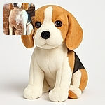 A charming beagle sitting upright on a cozy furry blanket, looking straight at the camera with soulful eyes that could melt anyone's heart. The background is softly blurred, highlighting the dog's expressive face and smooth fur.