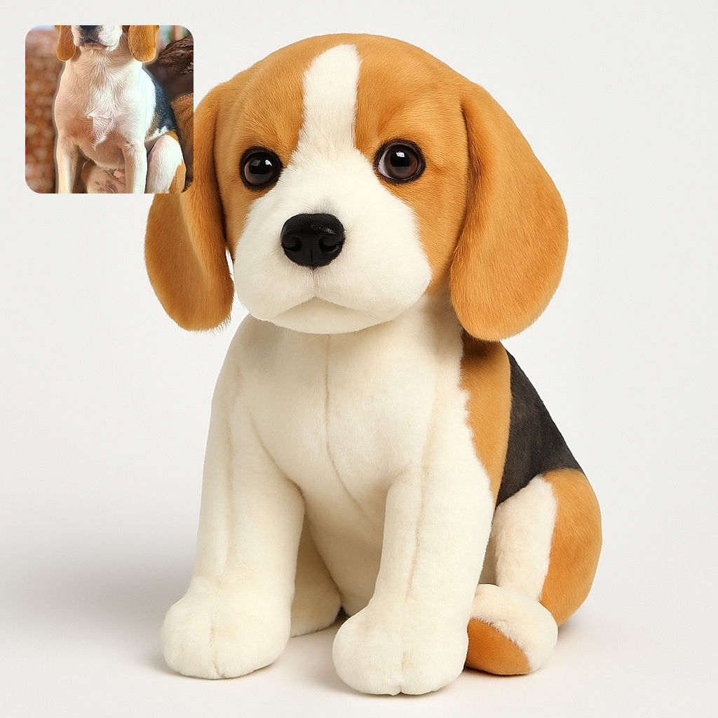 A charming beagle sitting upright on a cozy furry blanket, looking straight at the camera with soulful eyes that could melt anyone's heart. The background is softly blurred, highlighting the dog's expressive face and smooth fur.