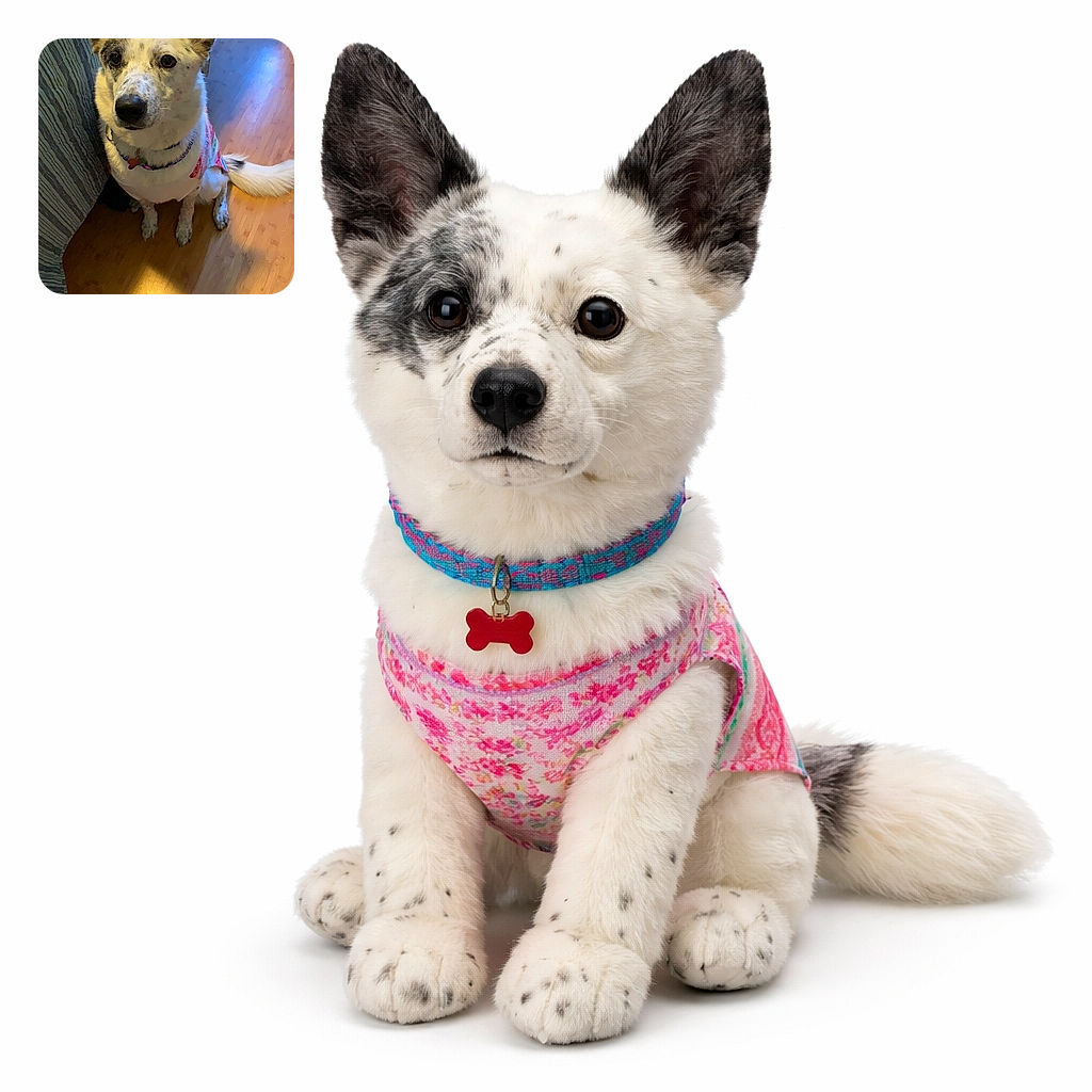 A big-eared, spotted dog gives a soulful puppy-eyed stare while wearing a colorful bandana, perched beside a striped bedspread on a warm wooden floor — looks ready to negotiate extra treats with utter sincerity.