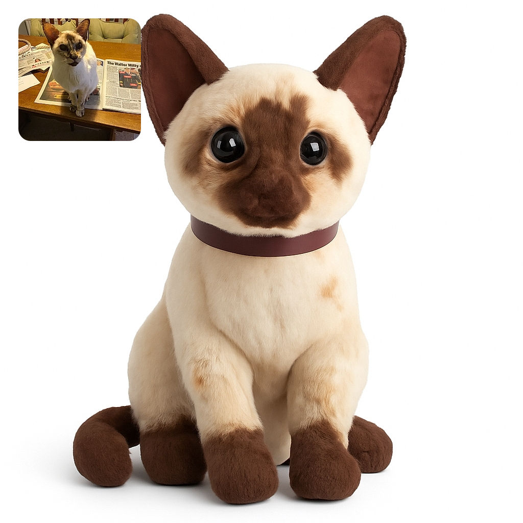 A curious Siamese cat with dark markings sits on a wooden table amidst newspapers and papers, looking intently at the camera as if ready to read the news or demand attention.
