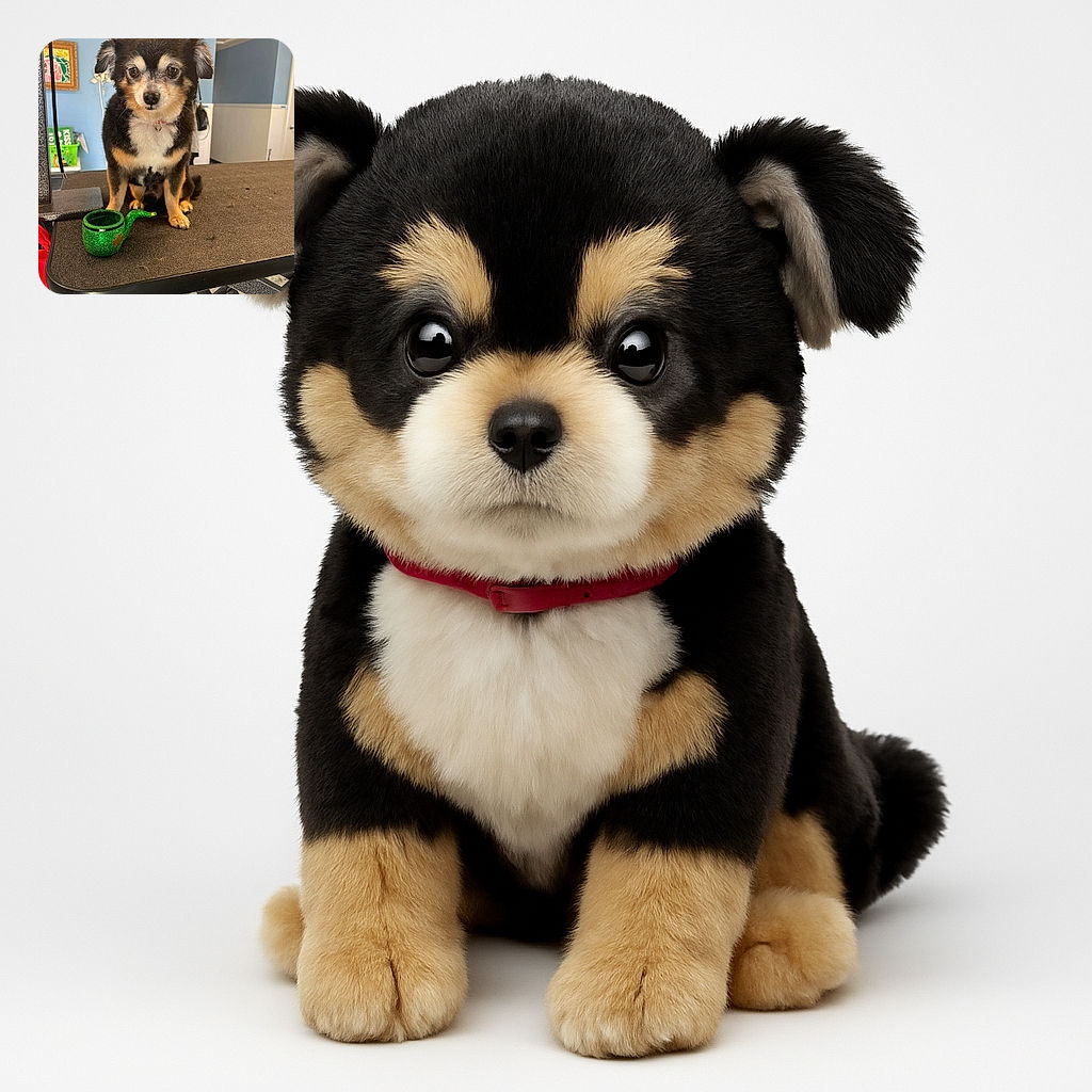 A small, fluffy dog with soulful eyes sits patiently on a grooming table next to a sparkling green pipe decorated with a shamrock, set against a cozy indoor backdrop with blue walls and framed art.