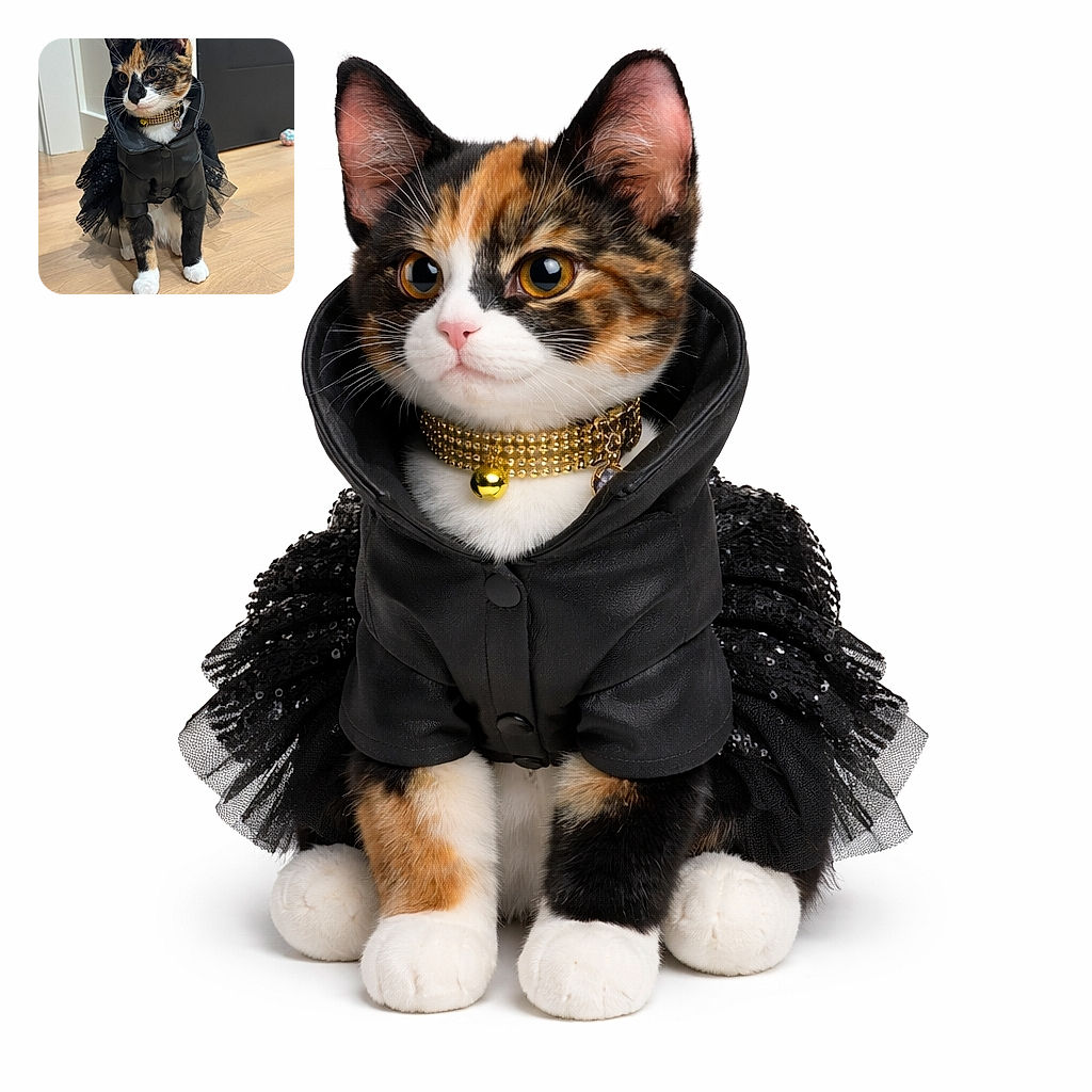 A glamorous calico cat wearing a tiny black jacket and sparkly tutu, rocking a blingy collar with a bell like it's late‑night runway royalty — paws neatly placed on the hardwood as if posing for its agent.