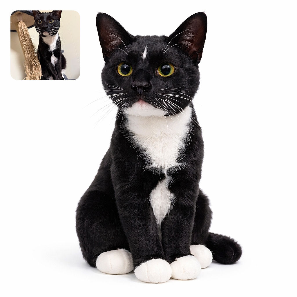 A curious tuxedo cat perches on a fuzzy cat tree, whiskers splayed like a tiny mustachioed detective staring into the void — a dangling sisal rope to the left and a pale wall behind provide dramatic yet cozy stage lighting.
