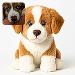 A close-up of a puppy with striking blue eyes resting its head on a person's arm, showcasing soft fur and a calm, gentle expression.