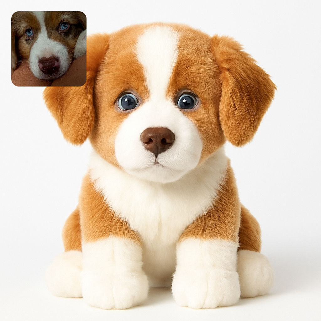 A close-up of a puppy with striking blue eyes resting its head on a person's arm, showcasing soft fur and a calm, gentle expression.