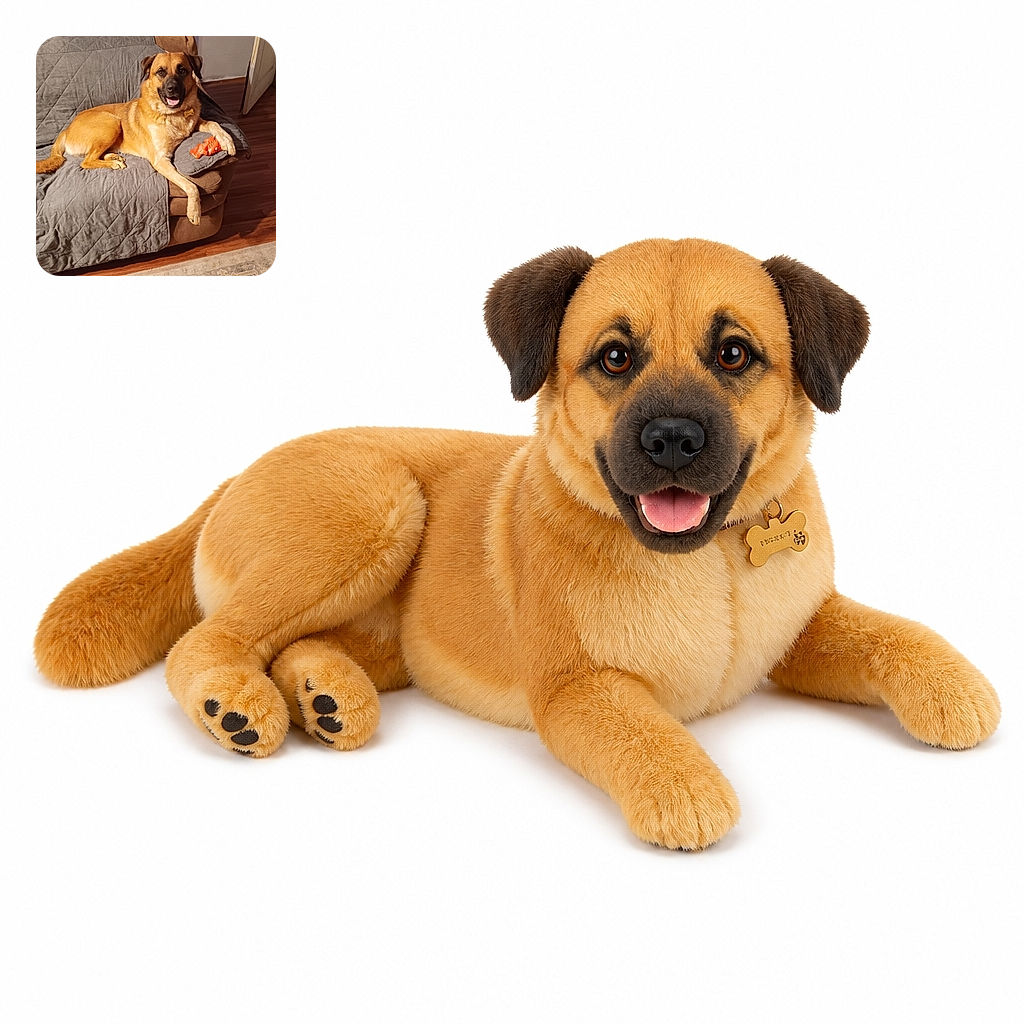 A cheerful dog lounges like the undisputed king of the couch, one paw draped dramatically over the edge while guarding a squeaky orange toy. Behind him, a fish swims through an aquarium as if providing live entertainment for this very relaxed household celebrity.
