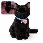 A mysterious black cat with a shiny collar and heart-shaped tag sits elegantly on a fluffy pink rug, staring curiously with one eye slightly more visible than the other, surrounded by cozy household items in soft lighting.