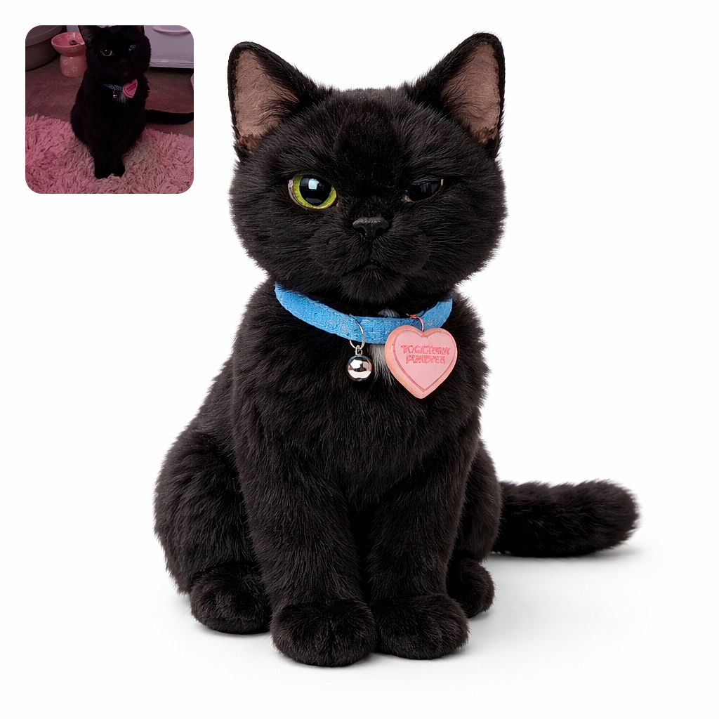 A mysterious black cat with a shiny collar and heart-shaped tag sits elegantly on a fluffy pink rug, staring curiously with one eye slightly more visible than the other, surrounded by cozy household items in soft lighting.