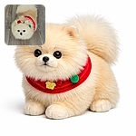 A ridiculously floofy Pomeranian that looks like a walking marshmallow — sporting a tiny red festive bandana and bow, staring up with shiny button eyes from a hardwood floor as if plotting cuddle domination.
