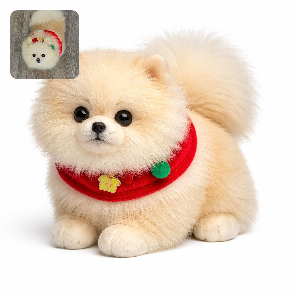A ridiculously floofy Pomeranian that looks like a walking marshmallow — sporting a tiny red festive bandana and bow, staring up with shiny button eyes from a hardwood floor as if plotting cuddle domination.