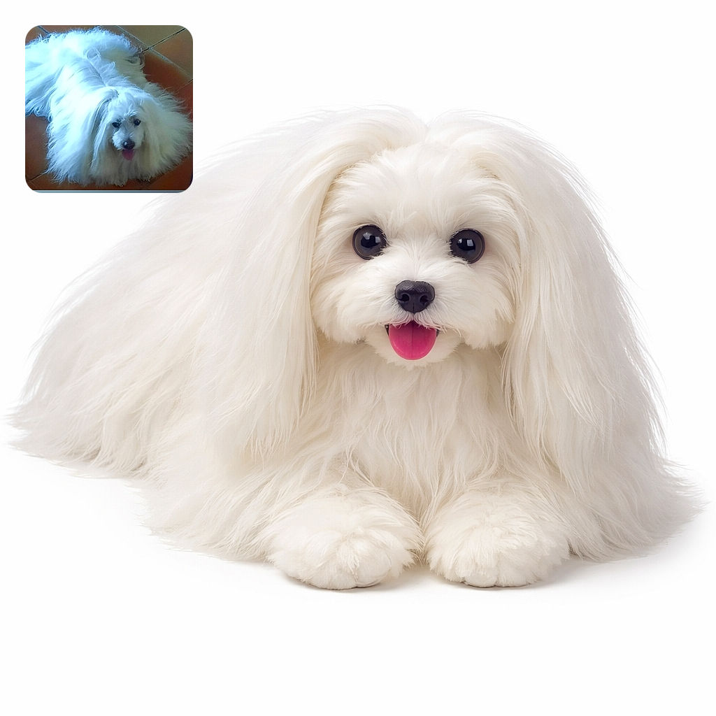 A fluffy white cotton-ball dog sprawled on terracotta tiles, peeking up with dark eyes and a pink tongue — like a walking cloud that just remembered it’s snack time.