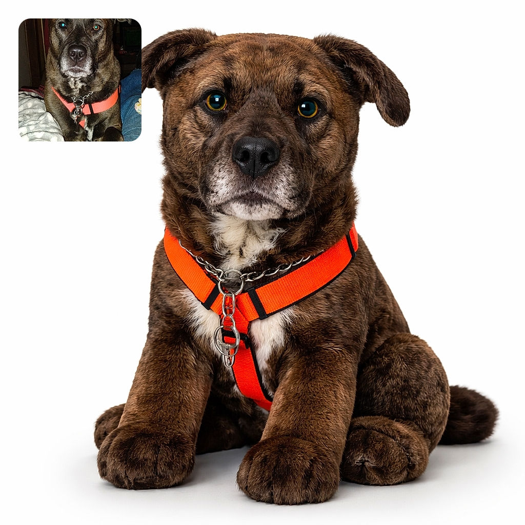 A solemn brindle dog stares straight into the camera like it just heard the word 'bath' — orange harness, jangling chain, and one flash-glinted eye give it dramatic authority while its paws perch on a cozy blanket in a dim living room.