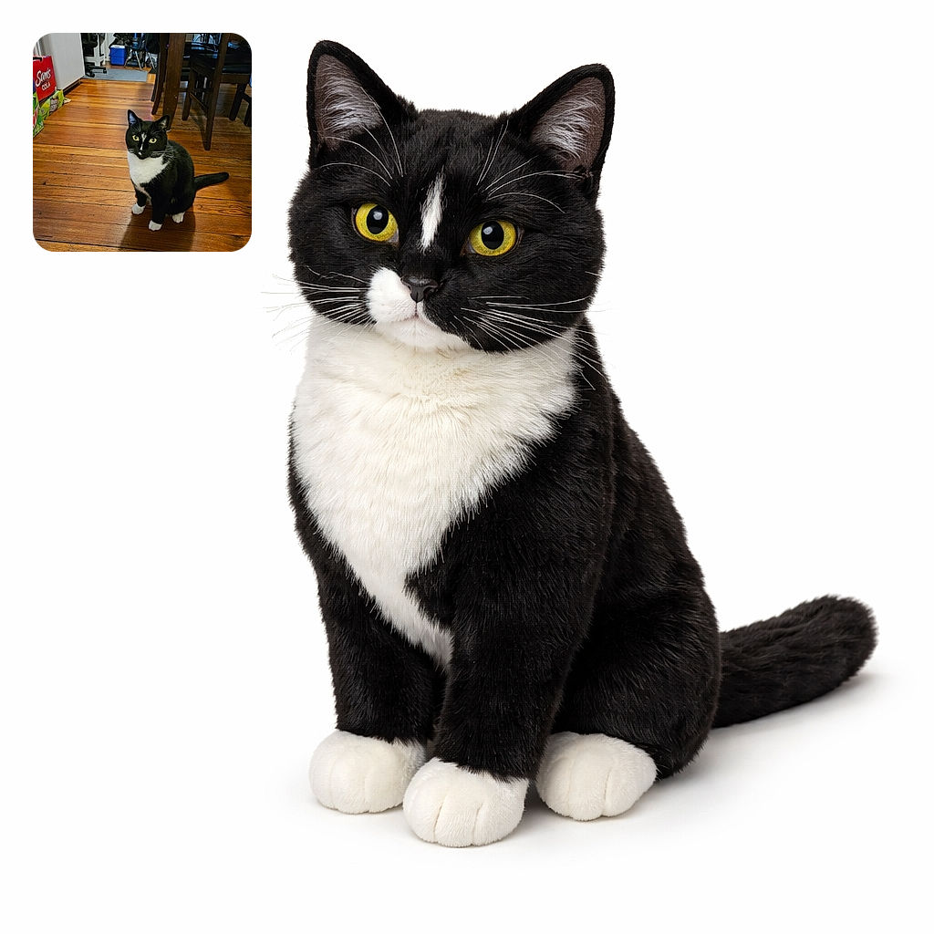A curious tuxedo cat with striking yellow eyes sits attentively on a warm wooden floor in a cozy kitchen setting, surrounded by everyday household items and furniture, looking ready to pounce or demand attention.